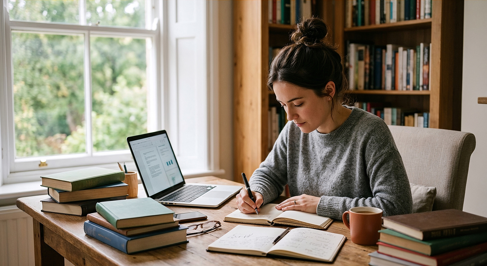 Person reflecting while working at a laptop in a calm, natural setting